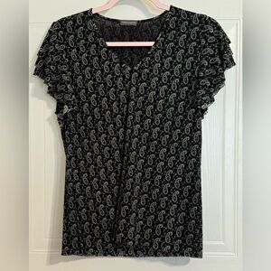Vince Camuto Black Paisley Blouse with Ruffled Short Sleeves (XL)